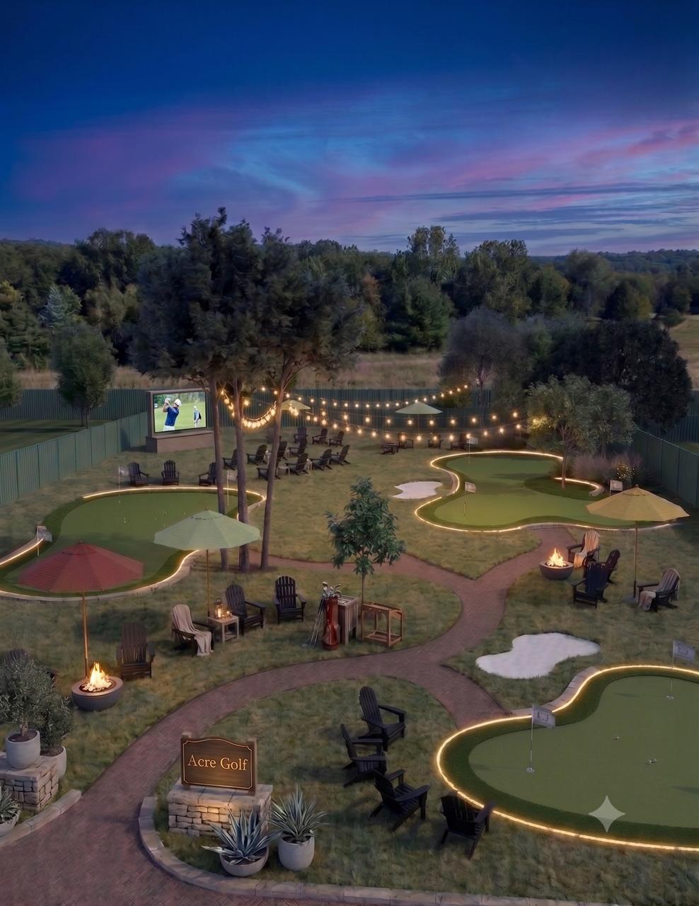 Rendering of the flagship Acre Golf course at dusk — putting greens, fire pits, string lights